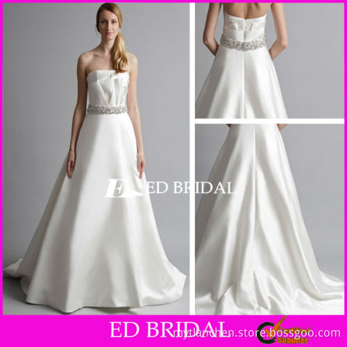 A Line Strapless Straight Across Ruffle Top Court Train Satin Crystal Belt Wedding Dress Beading Patterns